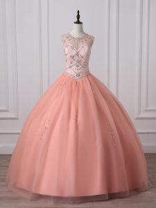 Enchanting Sleeveless Floor Length Beading Zipper Sweet 16 Quinceanera Dress with Peach