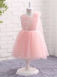 Affordable Knee Length Baby Pink Little Girls Pageant Dress Tulle Sleeveless Appliques and Hand Made Flower