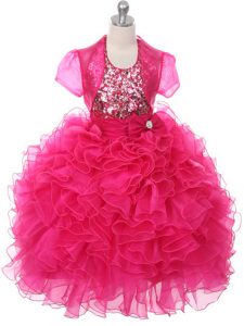 Inexpensive Scoop Sleeveless Little Girls Pageant Dress Wholesale Floor Length Ruffles and Sequins and Bowknot Hot Pink Organza
