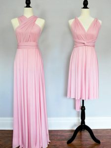 Custom Made Halter Top Sleeveless Vestidos de Damas Floor Length Ruching Baby Pink Chiffon