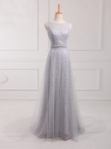 Grey Sleeveless Tulle and Lace Brush Train Zipper Dama Dress for Prom and Party and Wedding Party
