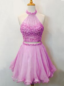 Dazzling Sleeveless Knee Length Beading Lace Up Quinceanera Court of Honor Dress with Lilac