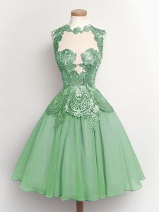Modest Apple Green A-line Chiffon High-neck Sleeveless Lace Knee Length Lace Up Dama Dress for Quinceanera