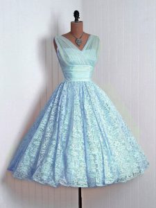 Baby Blue Lace Lace Up Dama Dress for Quinceanera Sleeveless Mini Length Lace