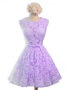 Excellent A-line Damas Dress Lavender Scoop Lace Sleeveless Knee Length Lace Up