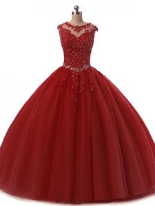 Burgundy Tulle Lace Up Quinceanera Gowns Sleeveless Floor Length Beading and Lace