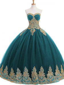 High End Teal Lace Up Sweetheart Appliques Sweet 16 Dress Tulle Sleeveless