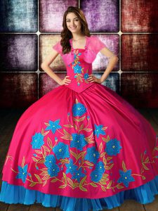 Customized Sleeveless Taffeta Floor Length Lace Up Quinceanera Gowns in Hot Pink with Embroidery