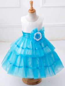 Dazzling Baby Blue Ball Gowns Ruffled Layers and Hand Made Flower Kids Formal Wear Zipper Tulle Sleeveless Tea Length