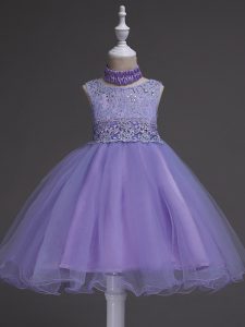 Knee Length Zipper Little Girls Pageant Gowns Lavender for Wedding Party with Beading and Lace