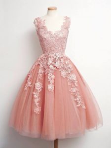 Colorful Peach Ball Gowns Tulle V-neck Sleeveless Lace Knee Length Lace Up Quinceanera Dama Dress