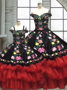 High Class Floor Length Red And Black Quinceanera Gowns Off The Shoulder Sleeveless Lace Up