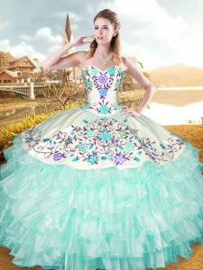 Unique Sleeveless Floor Length Embroidery and Ruffled Layers Lace Up Quinceanera Dresses with Apple Green