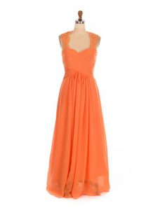Orange Red Empire Chiffon Straps Sleeveless Lace Floor Length Lace Up Quinceanera Court of Honor Dress