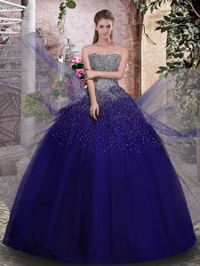 High End Sleeveless Tulle Floor Length Lace Up 15 Quinceanera Dress in Royal Blue with Beading