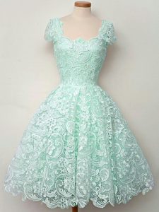 Deluxe Lace Straps Cap Sleeves Lace Up Lace Quinceanera Court Dresses in Apple Green
