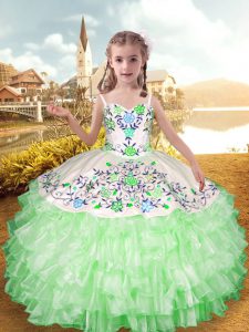 Straps Sleeveless Pageant Gowns For Girls Floor Length Embroidery and Ruffled Layers Apple Green Organza and Taffeta