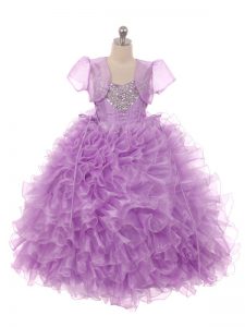 Simple Sleeveless Organza Floor Length Lace Up Little Girls Pageant Gowns in Eggplant Purple with Beading and Ruffles