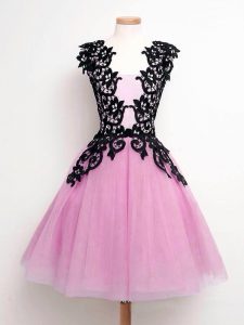 Lilac Sleeveless Knee Length Lace Lace Up Damas Dress