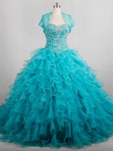 Elegant Sweetheart Sleeveless Brush Train Lace Up 15th Birthday Dress Aqua Blue Organza