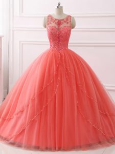 Simple Tulle Sleeveless Sweet 16 Dresses Brush Train and Beading and Lace