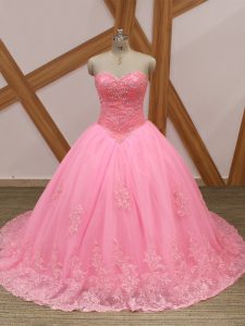 Rose Pink Ball Gowns Beading and Lace Quinceanera Gown Lace Up Tulle Sleeveless