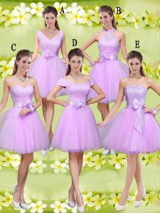 Affordable Sweetheart Sleeveless Quinceanera Court of Honor Dress Knee Length Lace and Belt Lilac Tulle