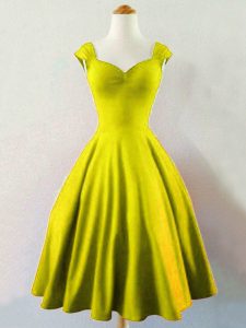 Sleeveless Knee Length Ruching Lace Up Quinceanera Court Dresses with Olive Green