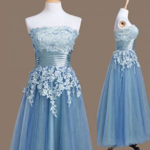 Tea Length Lace Up Dama Dress for Quinceanera Blue for Prom and Party and Wedding Party with Appliques