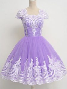 Knee Length Zipper Dama Dress for Quinceanera Lavender for Prom and Party and Wedding Party with Lace