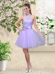 Flirting Lilac Tulle Lace Up Quinceanera Dama Dress Sleeveless Knee Length Lace and Belt