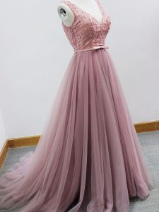 Latest Pink Tulle Zipper Court Dresses for Sweet 16 Sleeveless Brush Train Beading and Belt