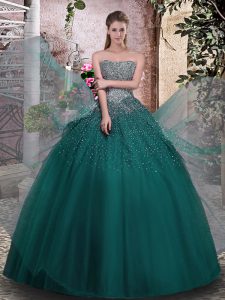 Glamorous Sleeveless Tulle Floor Length Lace Up Quinceanera Dress in Dark Green with Beading