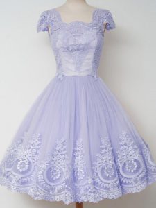 Hot Selling Tulle Square Cap Sleeves Zipper Lace Vestidos de Damas in Lavender