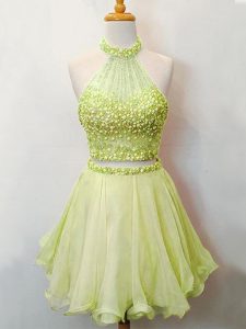 Yellow Green Lace Up Halter Top Beading Vestidos de Damas Organza Sleeveless