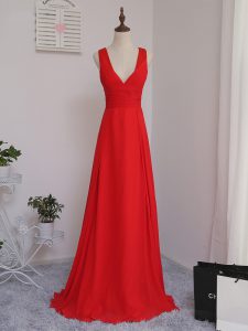 Ruching Dama Dress for Quinceanera Red Zipper Sleeveless Floor Length