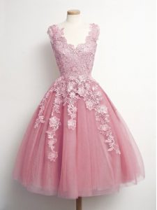 Sleeveless Knee Length Appliques Lace Up Quinceanera Court of Honor Dress with Pink