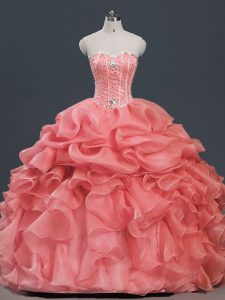 Deluxe Watermelon Red Lace Up Ball Gown Prom Dress Beading and Ruffles and Pick Ups Sleeveless Floor Length