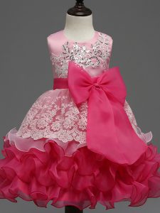 On Sale Hot Pink Zipper Kids Pageant Dress Lace and Ruffled Layers and Bowknot Sleeveless Tea Length