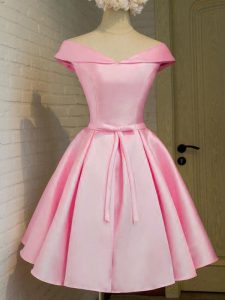 Pink Taffeta Lace Up Quinceanera Dama Dress Cap Sleeves Knee Length Belt