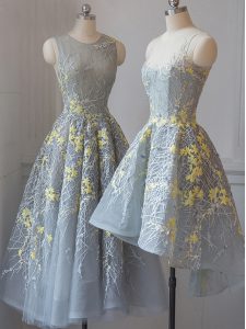 Amazing Grey A-line Tulle Scoop Sleeveless Lace Tea Length Criss Cross Dama Dress for Quinceanera
