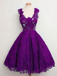 Sleeveless Lace Knee Length Lace Up Dama Dress for Quinceanera in Purple with Lace
