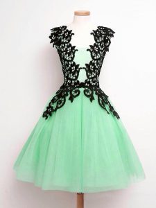 Apple Green Tulle Lace Up Dama Dress Sleeveless Knee Length Lace