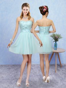 Aqua Blue A-line Sweetheart Sleeveless Tulle Mini Length Lace Up Appliques Dama Dress
