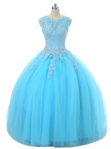 Aqua Blue Sleeveless Appliques Floor Length Sweet 16 Dresses