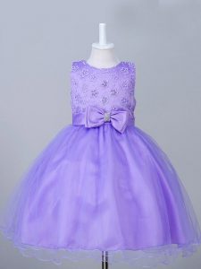 Custom Designed Eggplant Purple Ball Gowns Tulle Scoop Sleeveless Appliques and Bowknot Knee Length Zipper Kids Formal Wear
