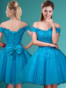Perfect Lace and Belt Dama Dress for Quinceanera Aqua Blue Lace Up Cap Sleeves Knee Length
