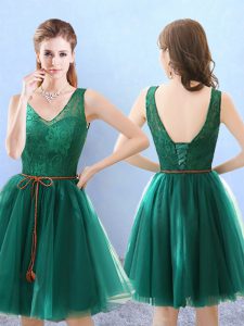 Custom Fit Sleeveless Tulle Knee Length Backless Quinceanera Court Dresses in Green with Lace