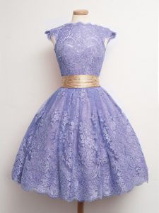 Lavender Ball Gowns High-neck Cap Sleeves Lace Knee Length Lace Up Belt Damas Dress