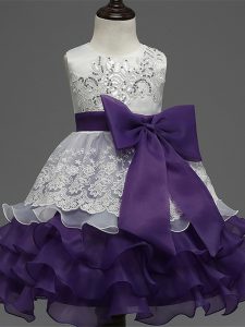 Excellent White And Purple Ball Gowns Organza Scoop Sleeveless Lace and Ruffled Layers and Bowknot Tea Length Zipper Little Girl Pageant Dress